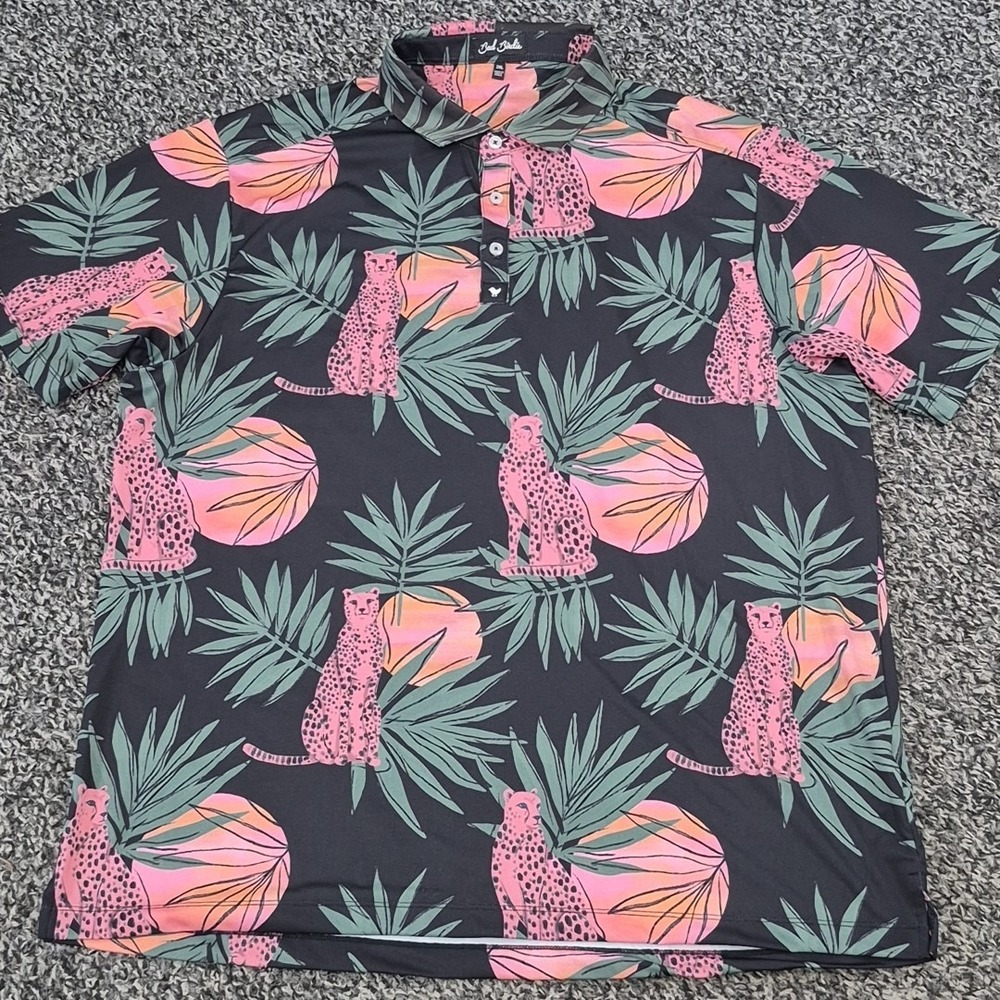 Bad Birdie Polo Shirt Mens 2XL XXL Cheetah Palm Tree Golf Stretch - Picture 2 of 8